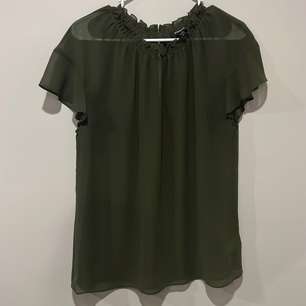 Express ruffled mock neck short sleeve olive green blouse